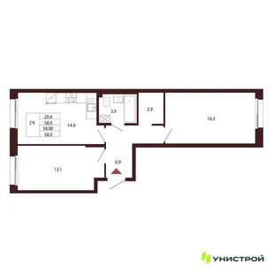 Планировка 2-комн. квартира, 58 м² ЖК «Лисино»