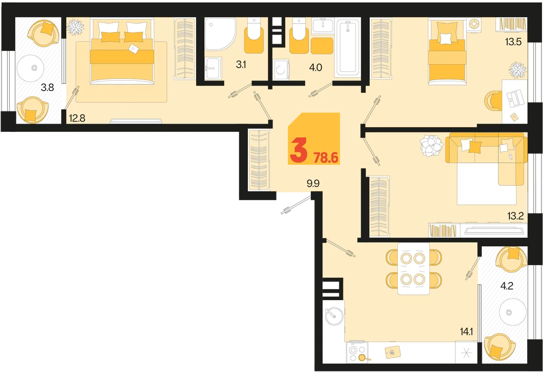 Планировка 3-комн. квартира, 78.6 м² ЖК «Первое место»