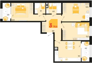 Планировка 3-комн. квартира, 78.6 м² ЖК «Первое место»