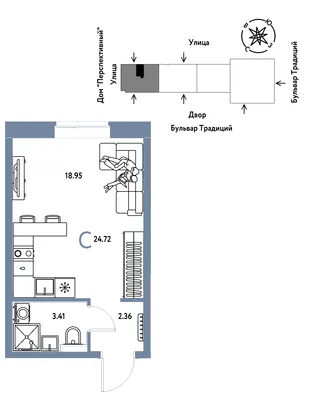 Планировка Студия, 24.72 м² ЖК «Микрорайон Домашний»