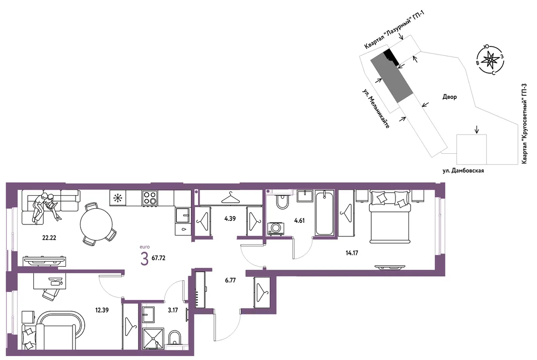 Планировка 3-комн. квартира, 67.72 м² ЖК «Страна Прибрежная»