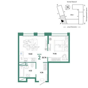 Планировка 2-комн. квартира, 35.76 м² ЖК «Микрорайон Домашний»