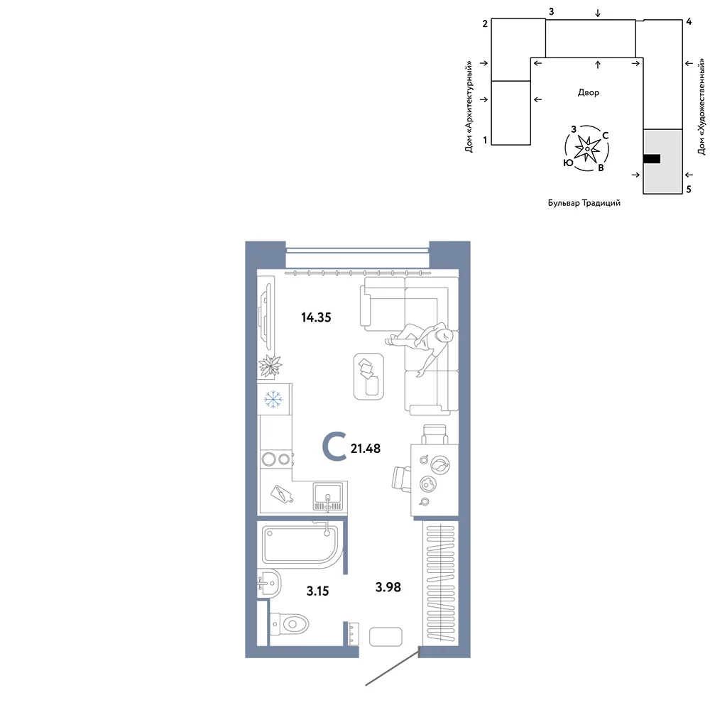 Планировка Студия, 21.48 м² ЖК «Микрорайон Домашний»