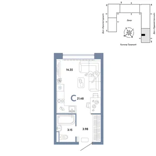 Планировка Студия, 21.48 м² ЖК «Микрорайон Домашний»