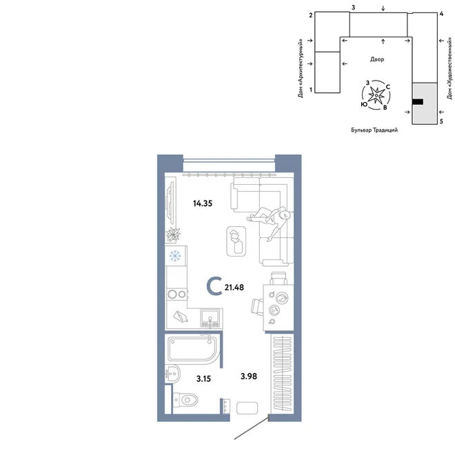 Планировка Студия, 21.48 м² ЖК «Микрорайон Домашний»