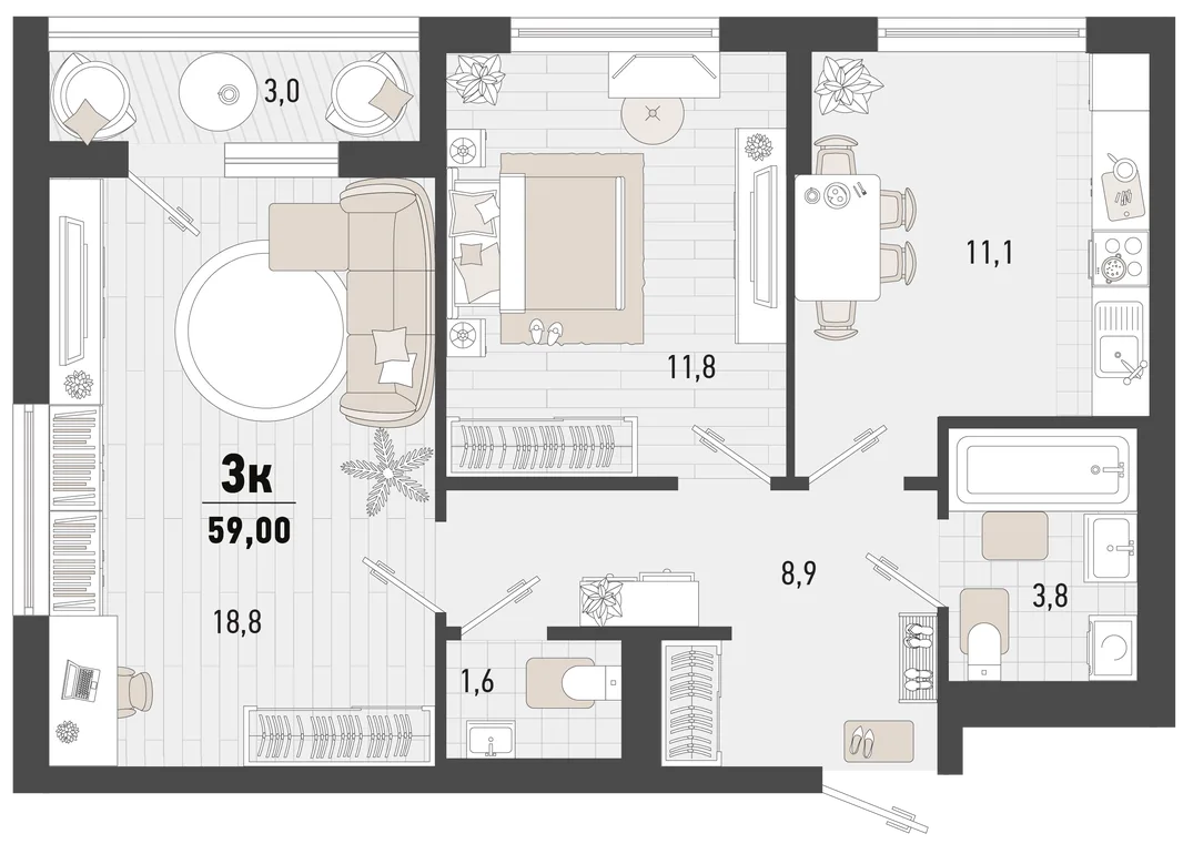 Планировка 2-комн. квартира, 59 м² ЖК «Барса»