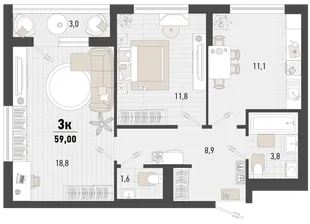 Планировка 2-комн. квартира, 59 м² ЖК «Барса»