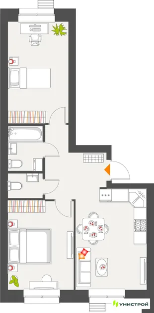 Планировка 2-комн. квартира, 60.79 м² ЖК «Атмосфера»