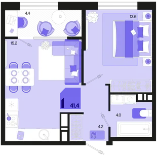 Планировка 1-комн. квартира, 41.4 м² ЖК «Первое место»