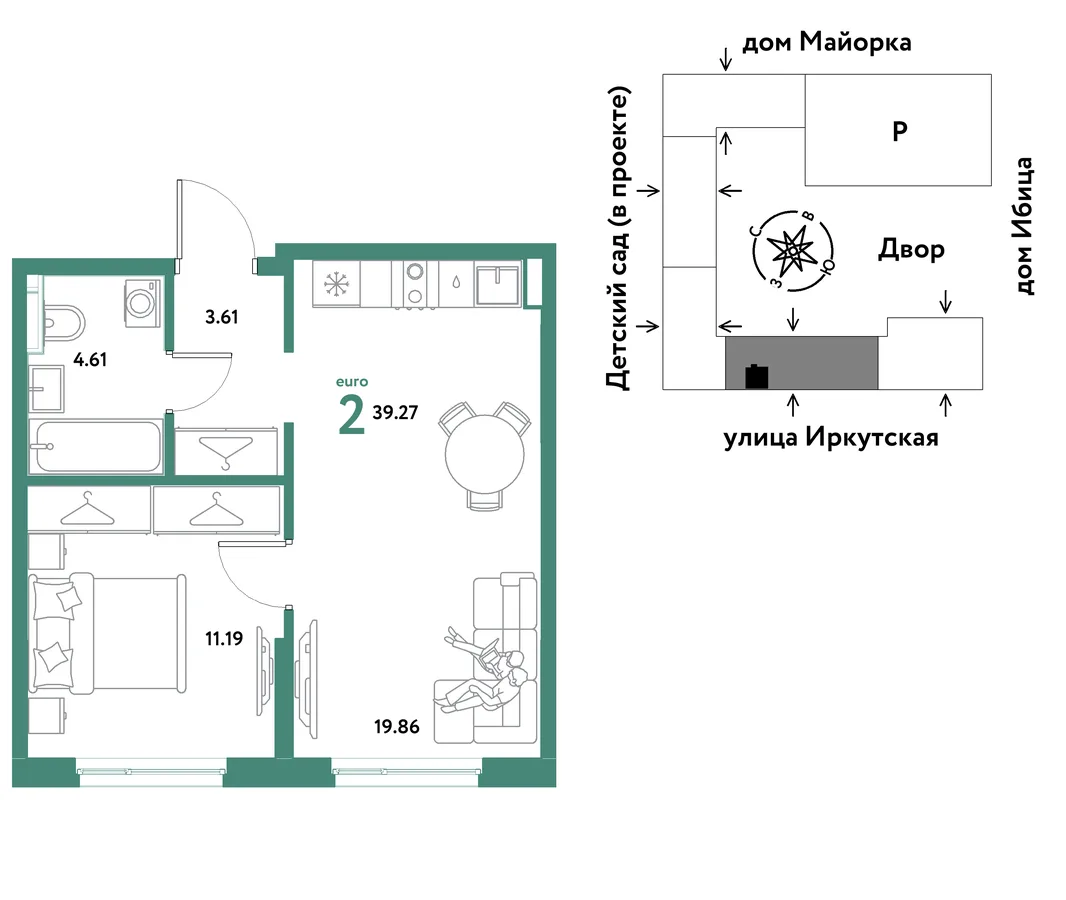 Планировка 2-комн. квартира, 39.27 м² ЖК «Остров-сад»