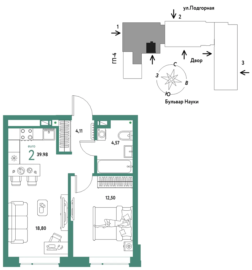 Планировка 2-комн. квартира, 39.98 м² ЖК «Авторский»