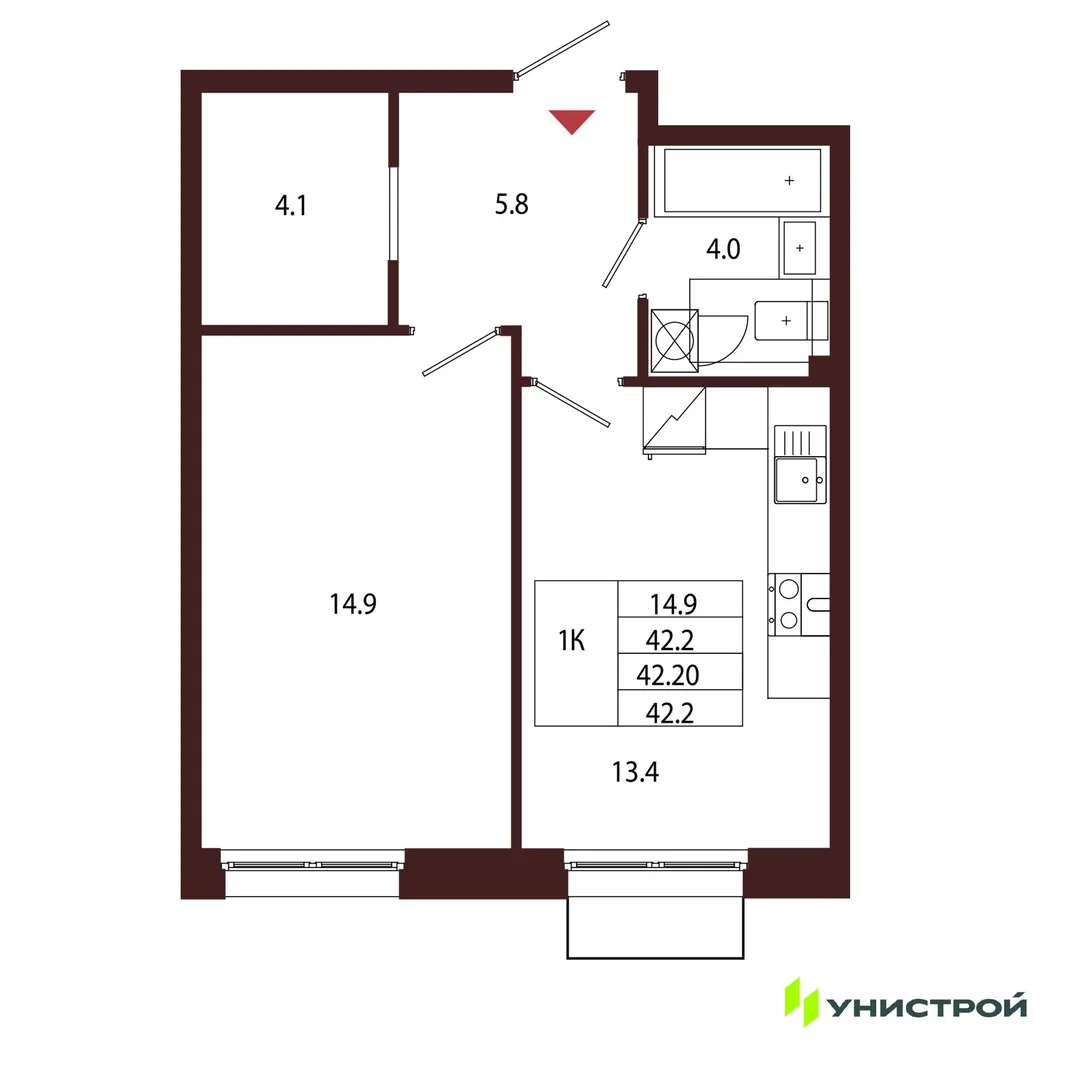 Планировка 1-комн. квартира, 42.2 м² ЖК «Лисино»