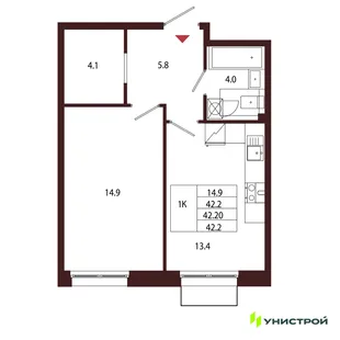 Планировка 1-комн. квартира, 42.2 м² ЖК «Лисино»