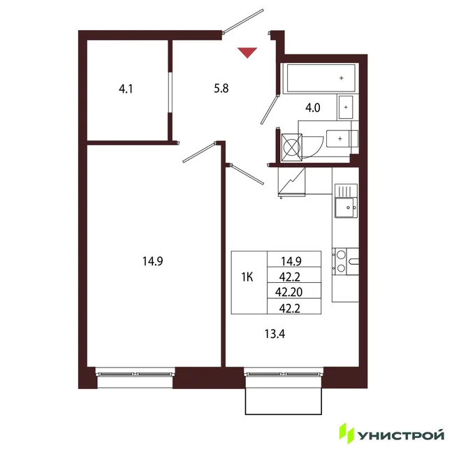 Планировка 1-комн. квартира, 42.2 м² ЖК «Лисино» Планировка 1-комн. квартира, 42.2 м² ЖК «Лисино»