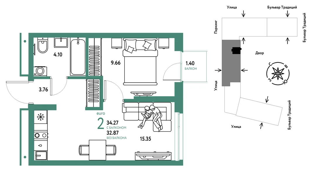 Планировка 2-комн. квартира, 34.27 м² ЖК «Микрорайон Домашний»