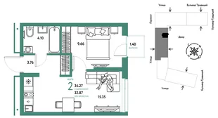 Планировка 2-комн. квартира, 34.27 м² ЖК «Микрорайон Домашний»