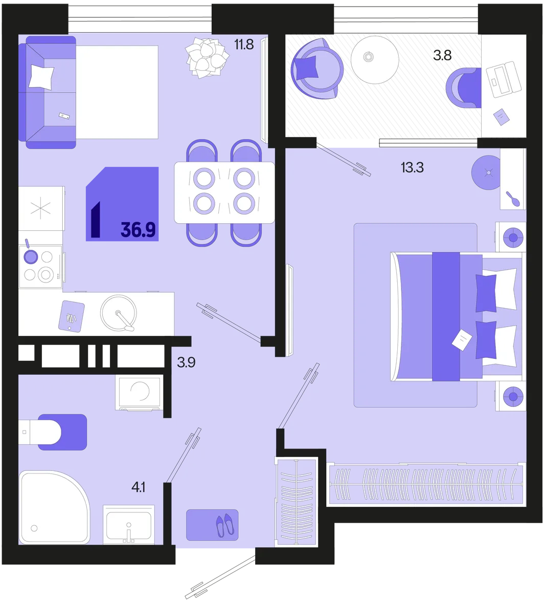Планировка 1-комн. квартира, 36.9 м² ЖК «Первое место»