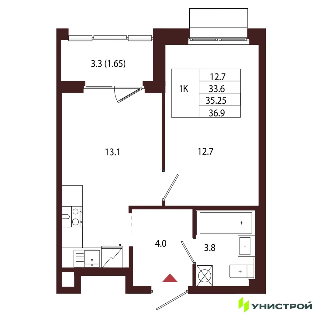 Планировка 1-комн. квартира, 35.25 м² ЖК «Лисино»