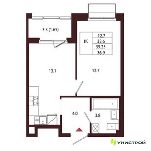 Планировка 1-комн. квартира, 35.25 м² ЖК «Лисино»