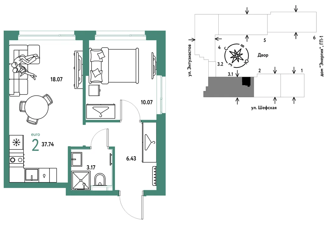 Планировка 2-комн. квартира, 37.74 м² ЖК «Страна.Энтузиастов»