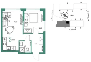 Планировка 2-комн. квартира, 37.74 м² ЖК «Страна.Энтузиастов»