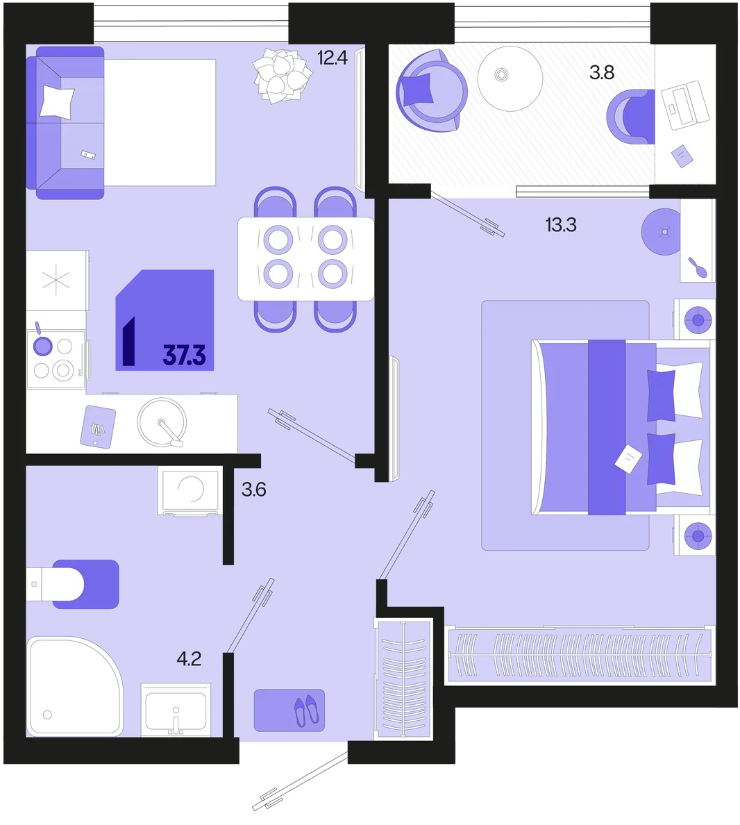 Планировка 1-комн. квартира, 37.3 м² ЖК «Первое место»