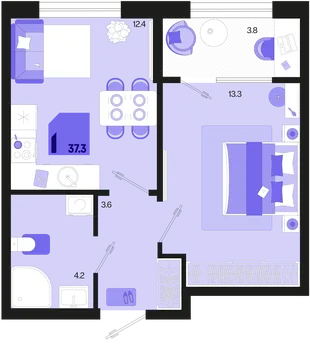 Планировка 1-комн. квартира, 37.3 м² ЖК «Первое место»