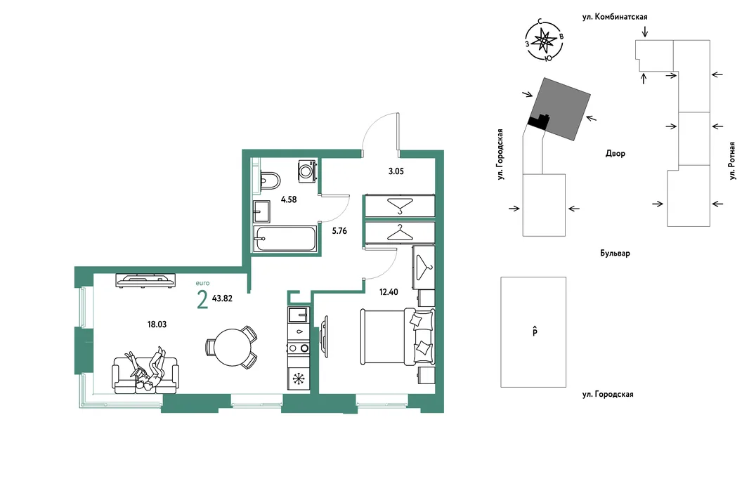 Планировка 2-комн. квартира, 43.82 м² ЖК «Уральский сад»
