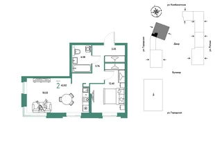 Планировка 2-комн. квартира, 43.82 м² ЖК «Уральский сад»