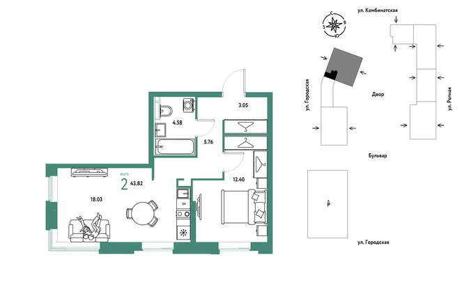 Планировка 2-комн. квартира, 43.82 м² ЖК «Уральский сад» Планировка 2-комн. квартира, 43.82 м² ЖК «Уральский сад»