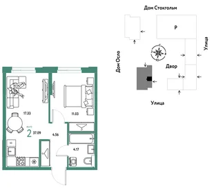 Планировка 2-комн. квартира, 37.09 м² ЖК «Европейский берег 2.0»