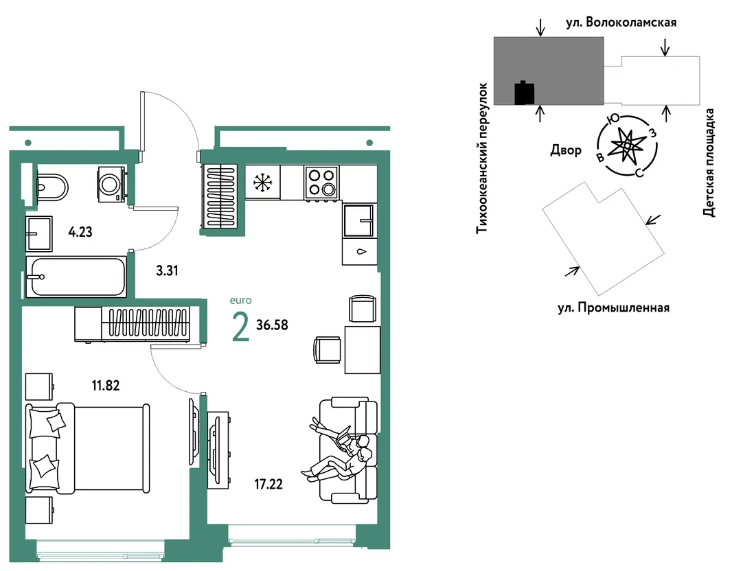 Планировка 2-комн. квартира, 36.58 м² ЖК «Страна Прибрежная»