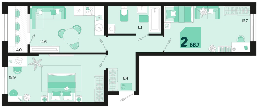 Планировка 2-комн. квартира, 68.7 м² ЖК «Первое место»