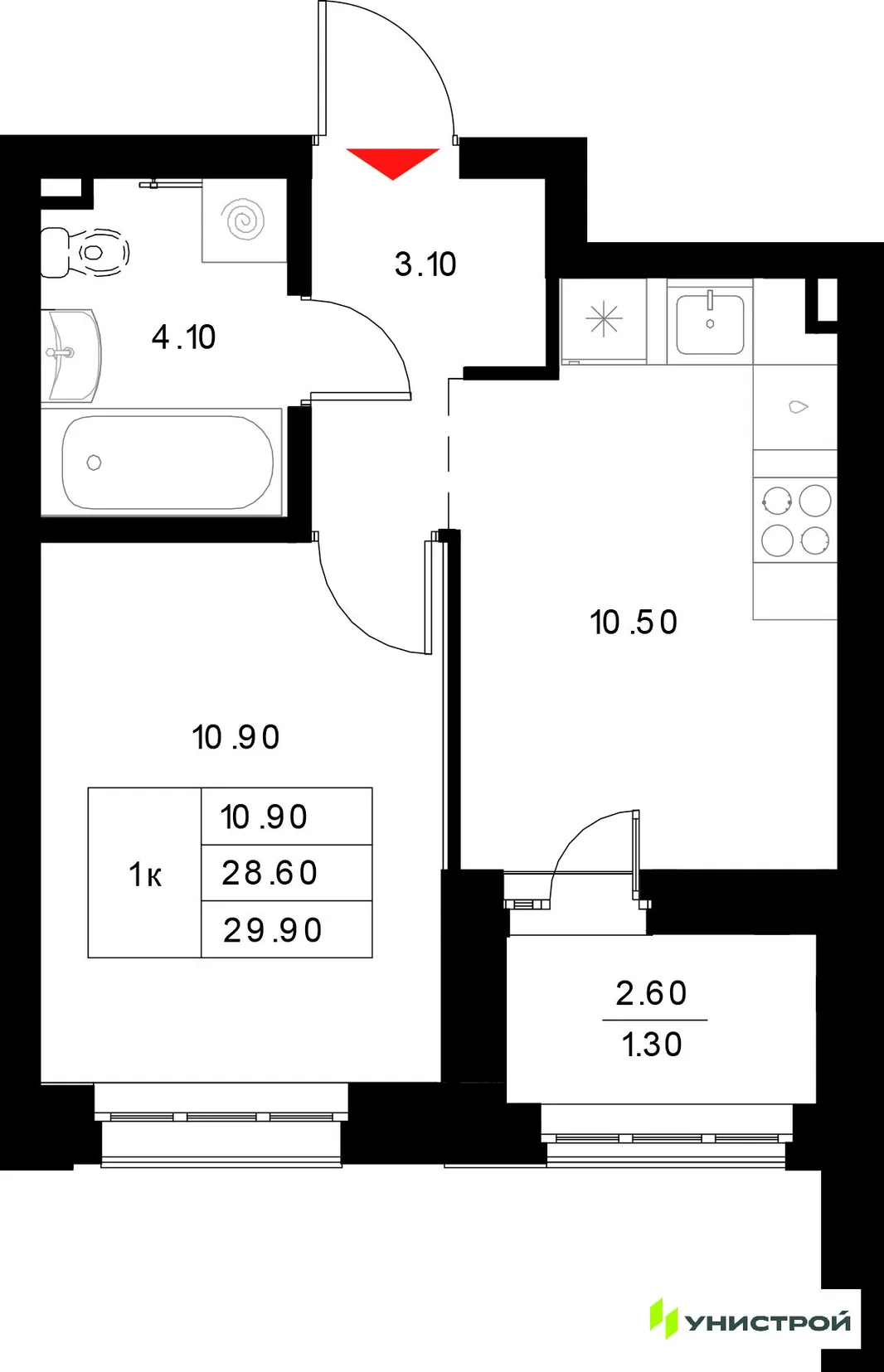 Планировка 1-комн. квартира, 29.9 м² ЖК «Уникод на Технической»