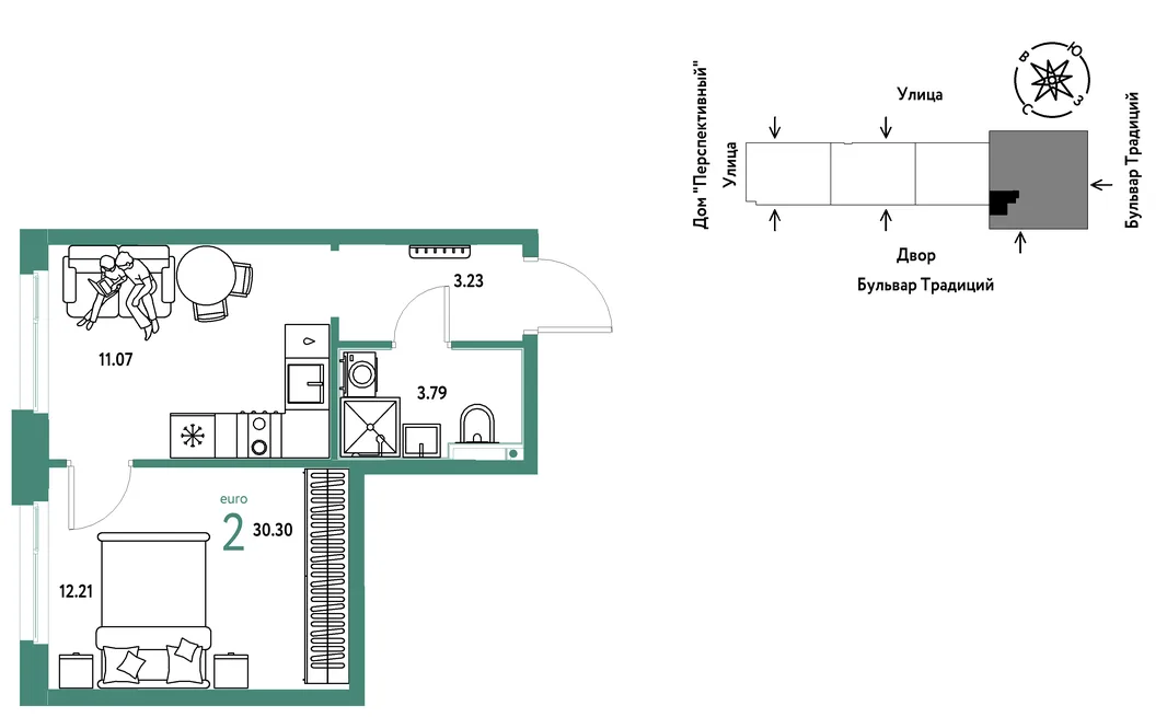 Планировка 2-комн. квартира, 30.3 м² ЖК «Микрорайон Домашний»