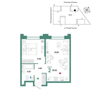 Планировка 2-комн. квартира, 39.52 м² ЖК «Микрорайон Звездный»