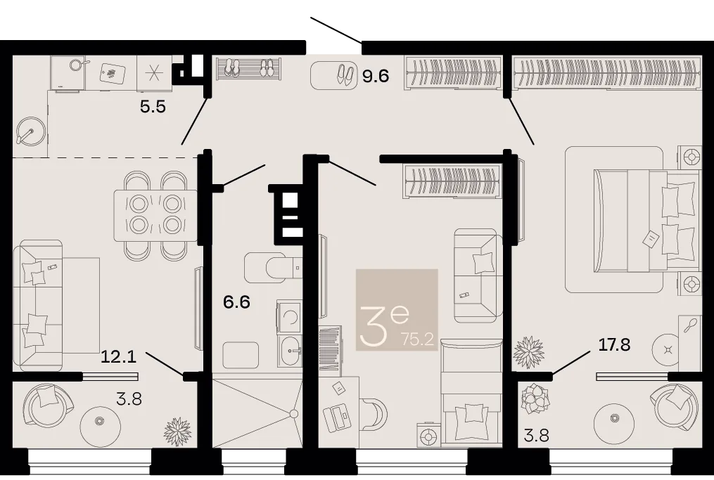Планировка 3-комн. квартира, 75.2 м² ЖК «Хозяин морей»