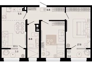 Планировка 3-комн. квартира, 75.2 м² ЖК «Хозяин морей»