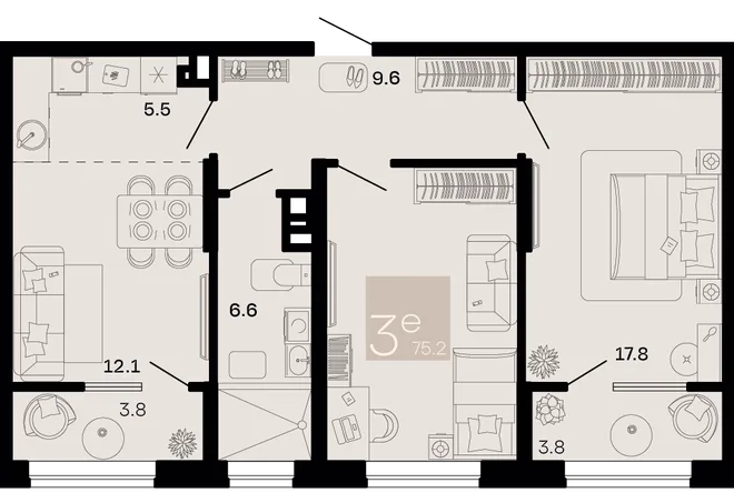 Планировка 3-комн. квартира, 75.2 м² ЖК «Хозяин морей» Планировка 3-комн. квартира, 75.2 м² ЖК «Хозяин морей»