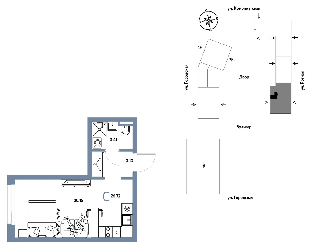 Планировка Студия, 26.72 м² ЖК «Уральский сад»