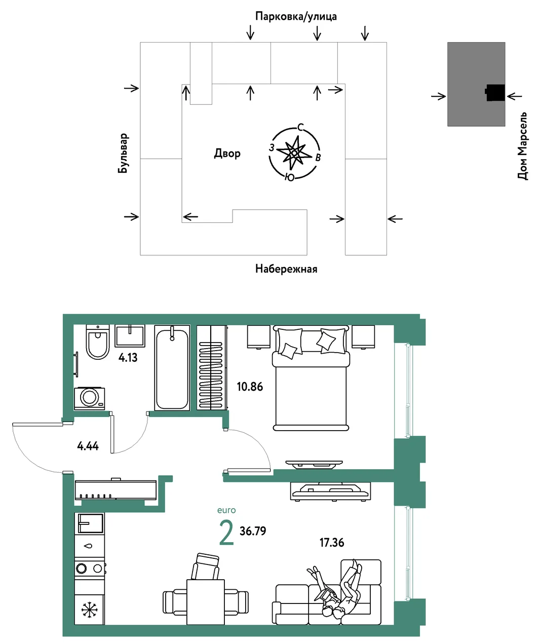Планировка 2-комн. квартира, 36.79 м² ЖК «Европейский берег 2.0»