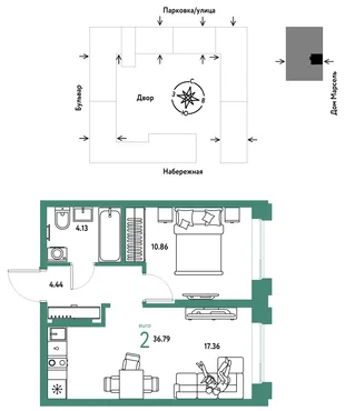 Планировка 2-комн. квартира, 36.79 м² ЖК «Европейский берег 2.0»