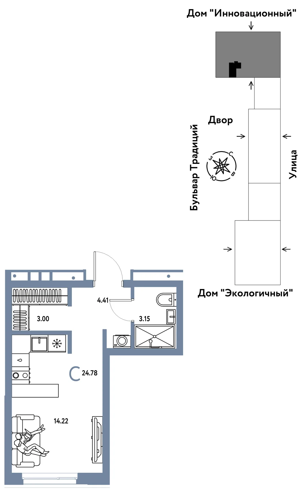 Планировка Студия, 24.78 м² ЖК «Микрорайон Домашний»