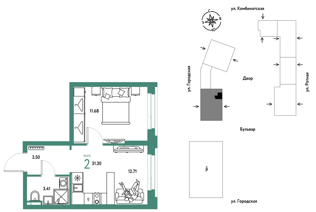Планировка 2-комн. квартира, 31.3 м² ЖК «Уральский сад»