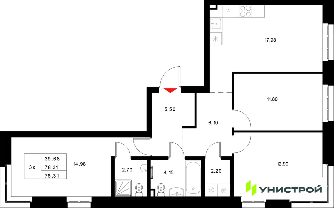 Планировка 3-комн. квартира, 78.31 м² ЖК «Уникод на Технической»