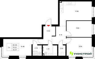 Планировка 3-комн. квартира, 78.31 м² ЖК «Уникод на Технической»