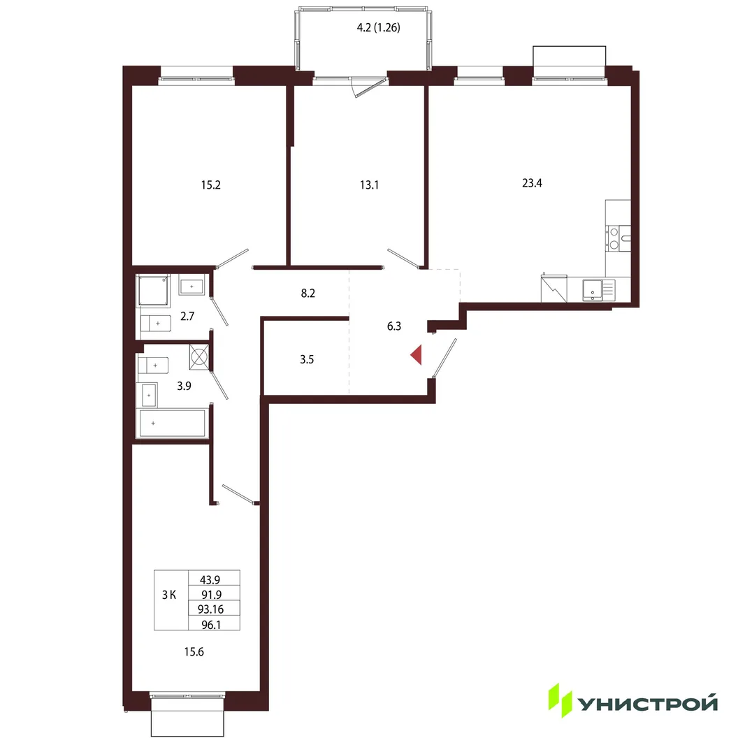 Планировка 3-комн. квартира, 93.16 м² ЖК «Лисино»