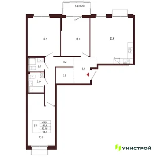 Планировка 3-комн. квартира, 93.16 м² ЖК «Лисино»