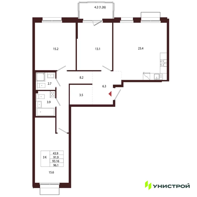 Планировка 3-комн. квартира, 93.16 м² ЖК «Лисино» Планировка 3-комн. квартира, 93.16 м² ЖК «Лисино»