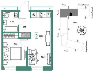 Планировка 2-комн. квартира, 33.02 м² ЖК «Микрорайон Домашний»